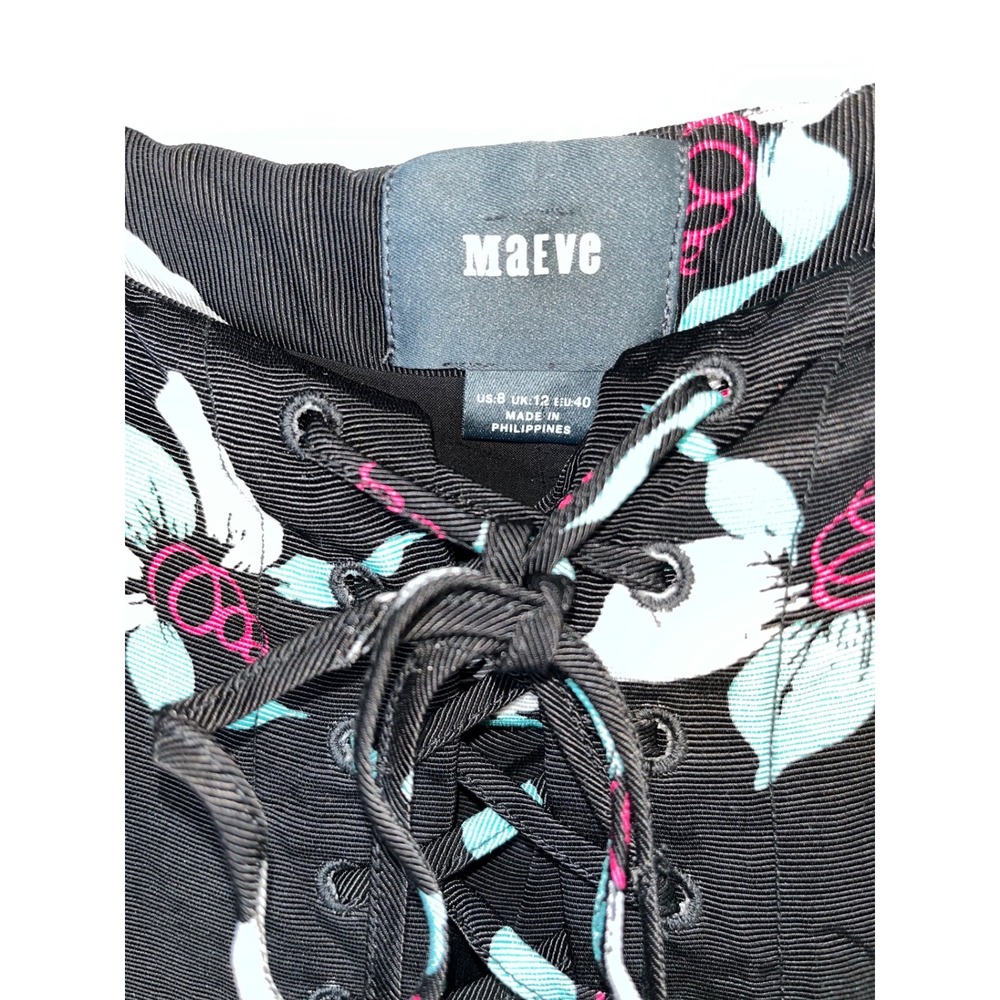 Maeve Floral Zadie Midi Skirt Womens Size 8 Black Lace Up Front A-Line